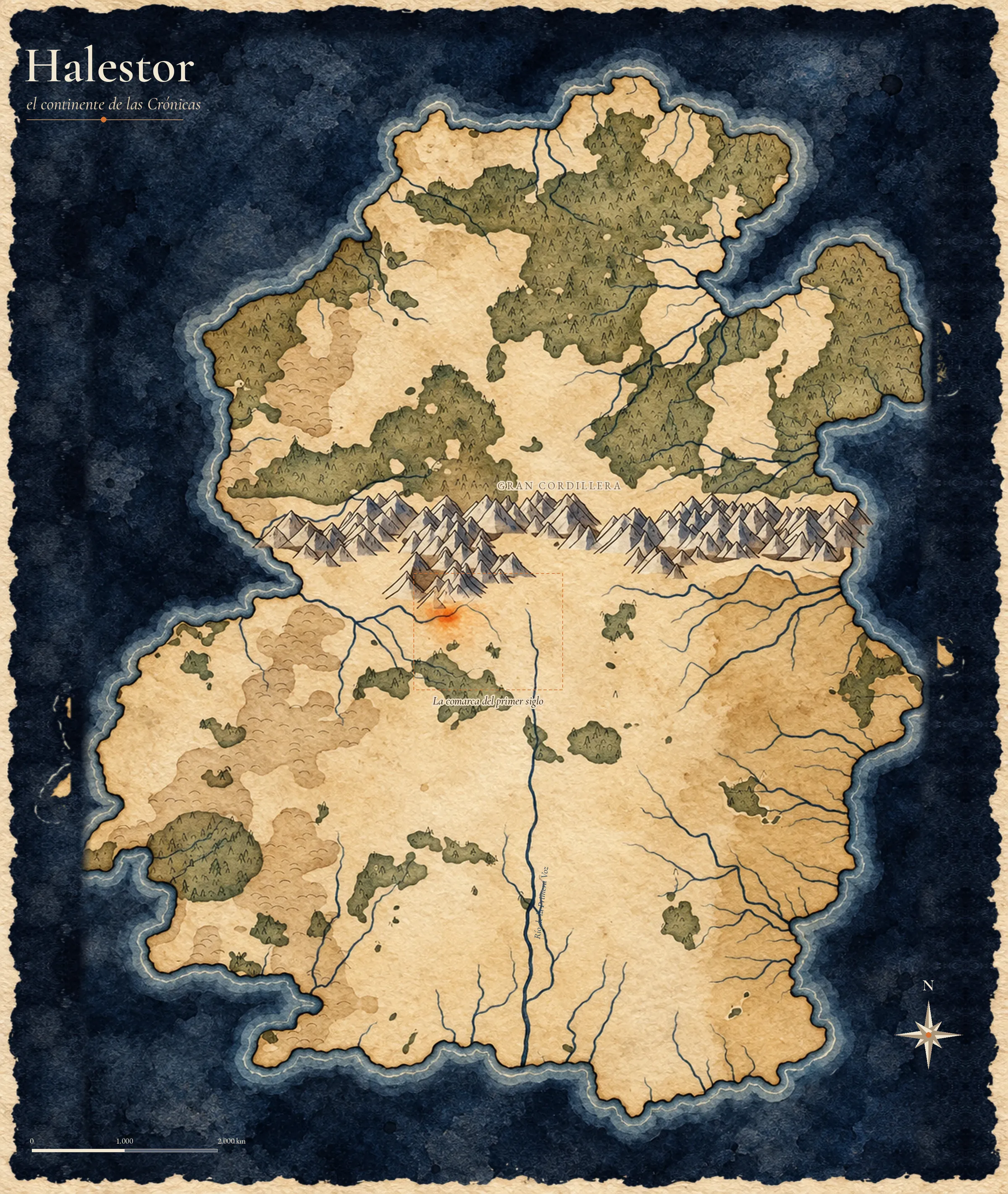 Mapa del continente de Halestor en acuarela y tinta: la gran cordillera cruza el centro, bosques al norte, llanuras al este y el Río de la Primera Voz bajando hasta el mar del sur.